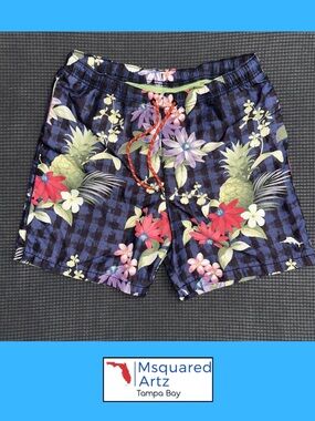Tommy Bahama Relax Swim Trunks Floral Pineapple Blue Mens Medium